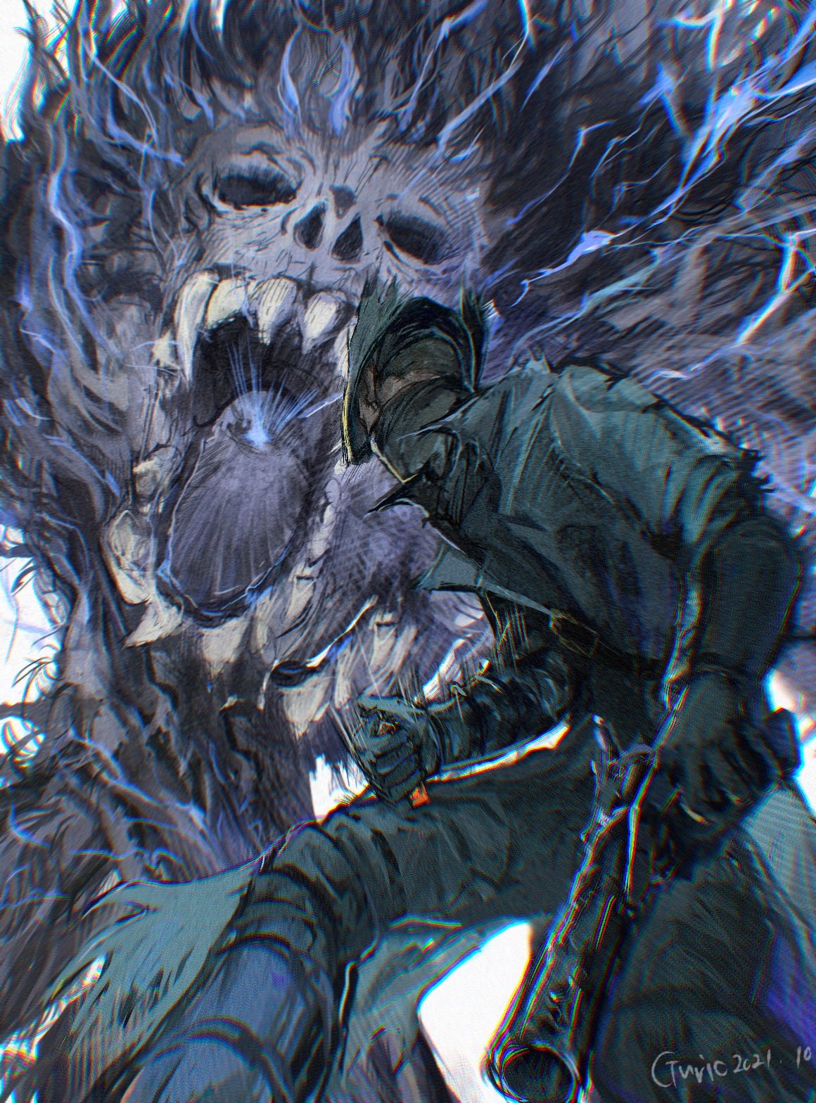 1boy black_jacket bloodborne boots coat commentary_request darkbeast_paarl electricity english_commentary gloves gun guri_otoko hat highres holding holding_weapon hunter_(bloodborne) jacket long_pants mask mixed-language_commentary mouth_mask pants short_hair standing tricorne weapon