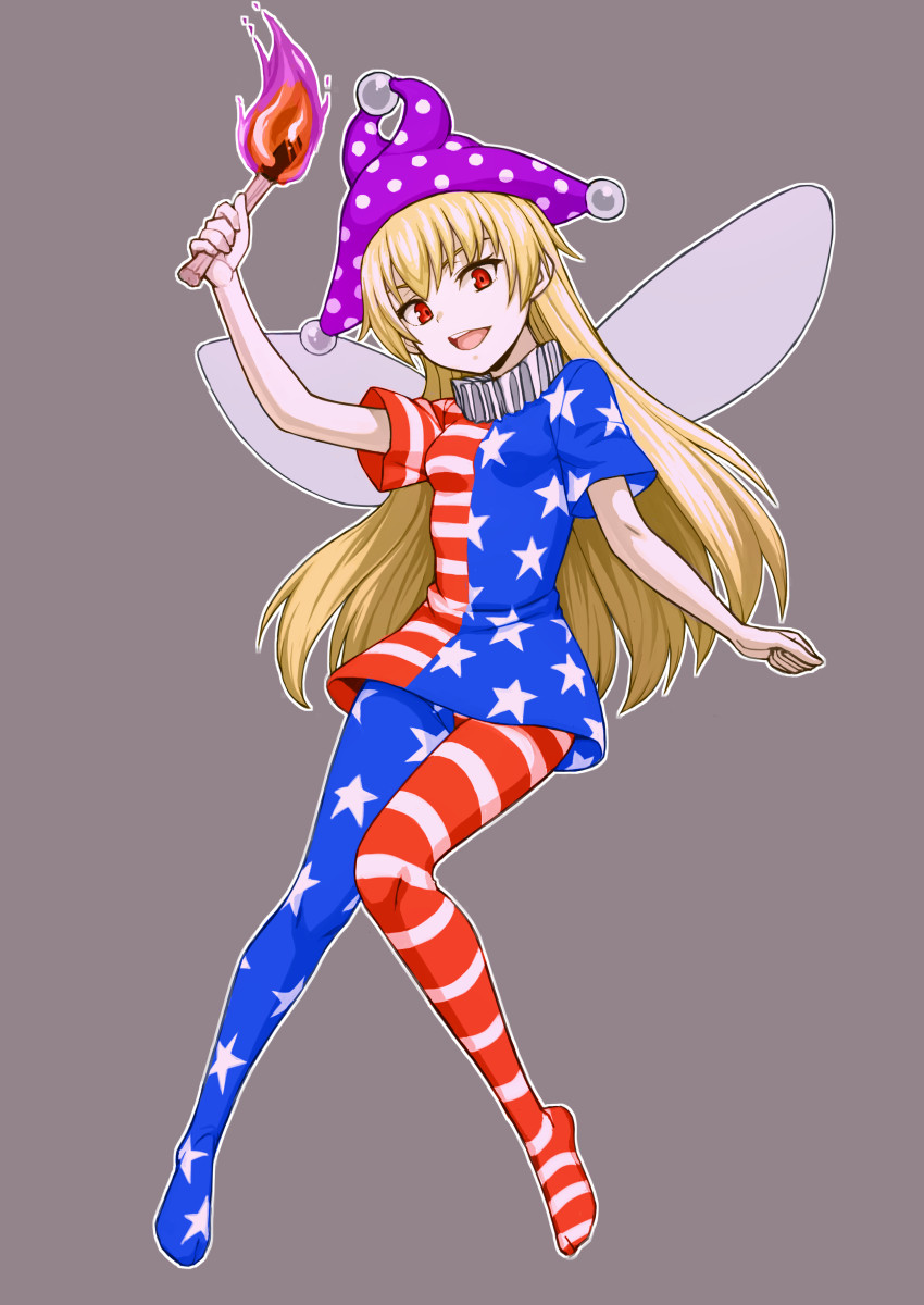 1girl american_flag_dress american_flag_legwear bangs blonde_hair clownpiece dress eyebrows_behind_hair fairy_wings full_body grey_background hat highres holding holding_torch jester_cap kakone long_hair looking_at_viewer neck_ruff open_mouth polka_dot polka_dot_background purple_headwear red_eyes short_sleeves simple_background smile solo star_(symbol) star_print striped striped_dress striped_legwear torch touhou wings