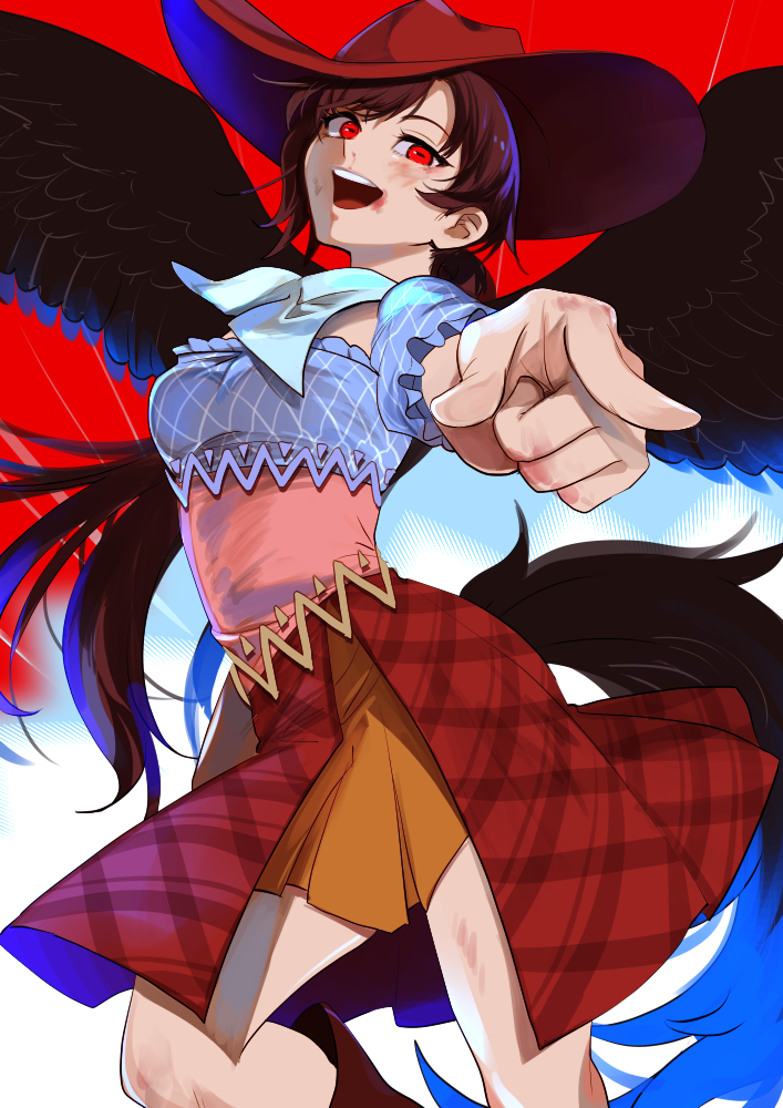 1girl :d bandana bangs blue_shirt breasts brown_hair contrapposto cowboy_hat feet_out_of_frame foreshortening from_below hat horizontal_pupils horse_tail kerok_(joniko1110) kurokoma_saki long_hair medium_breasts open_mouth pegasus_wings plaid pointing pointing_at_viewer red_background red_eyes red_skirt revision shirt simple_background skirt smile solo swept_bangs tail touhou very_long_hair