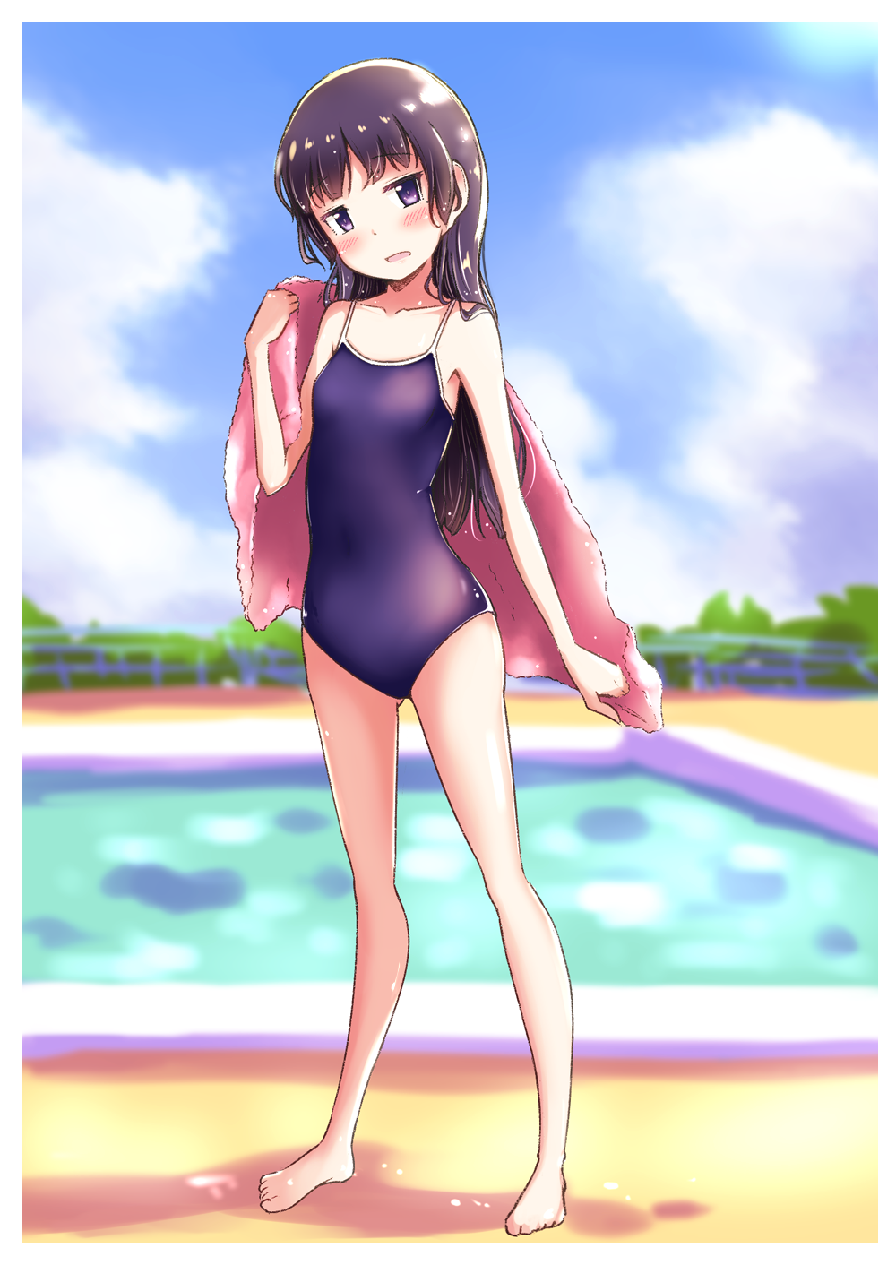 1girl bangs barefoot black_hair blue_sky blue_swimsuit blunt_bangs clouds competition_school_swimsuit day flat_chest gokou_ruri herunin highres long_hair looking_at_viewer mole mole_under_eye ore_no_imouto_ga_konna_ni_kawaii_wake_ga_nai outdoors pool poolside school_swimsuit sky solo standing swimsuit towel violet_eyes