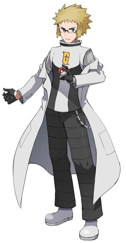 1boy alternate_costume black_pants blonde_hair blue_eyes chain closed_mouth commentary_request full_body glasses gloves holding holding_poke_ball labcoat logo long_sleeves looking_to_the_side male_focus pants poke_ball poke_ball_(basic) pokemon pokemon_(game) pokemon_dppt shoes solo spiky_hair standing team_galactic_uniform tsukumo_(shiro_bnal) vest volkner_(pokemon)