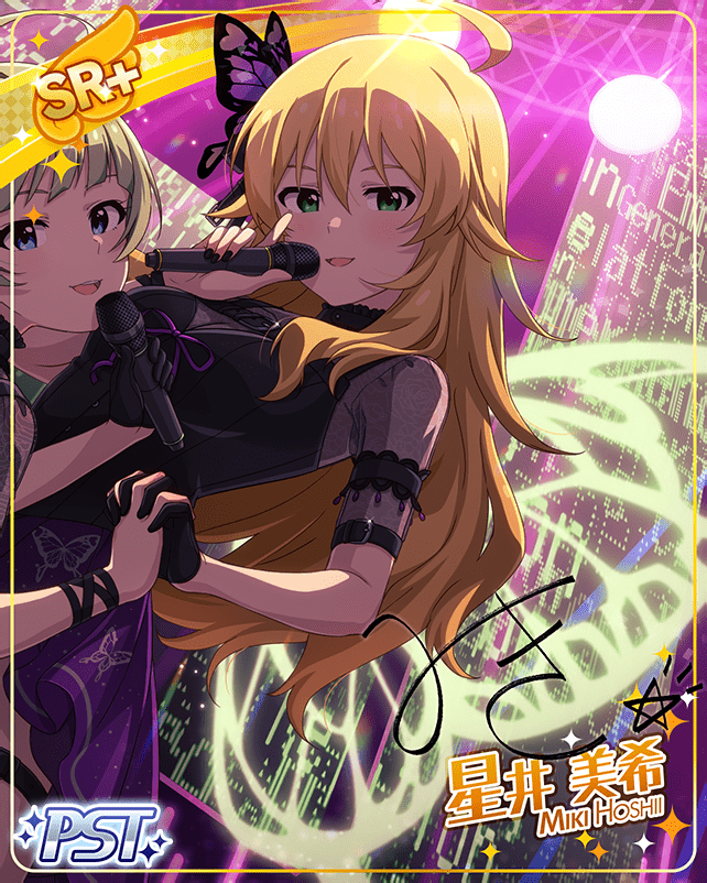 blonde_hair blush character_name dress green_eyes hoshii_miki idolmaster_million_live!_theater_days long_hair smile wink