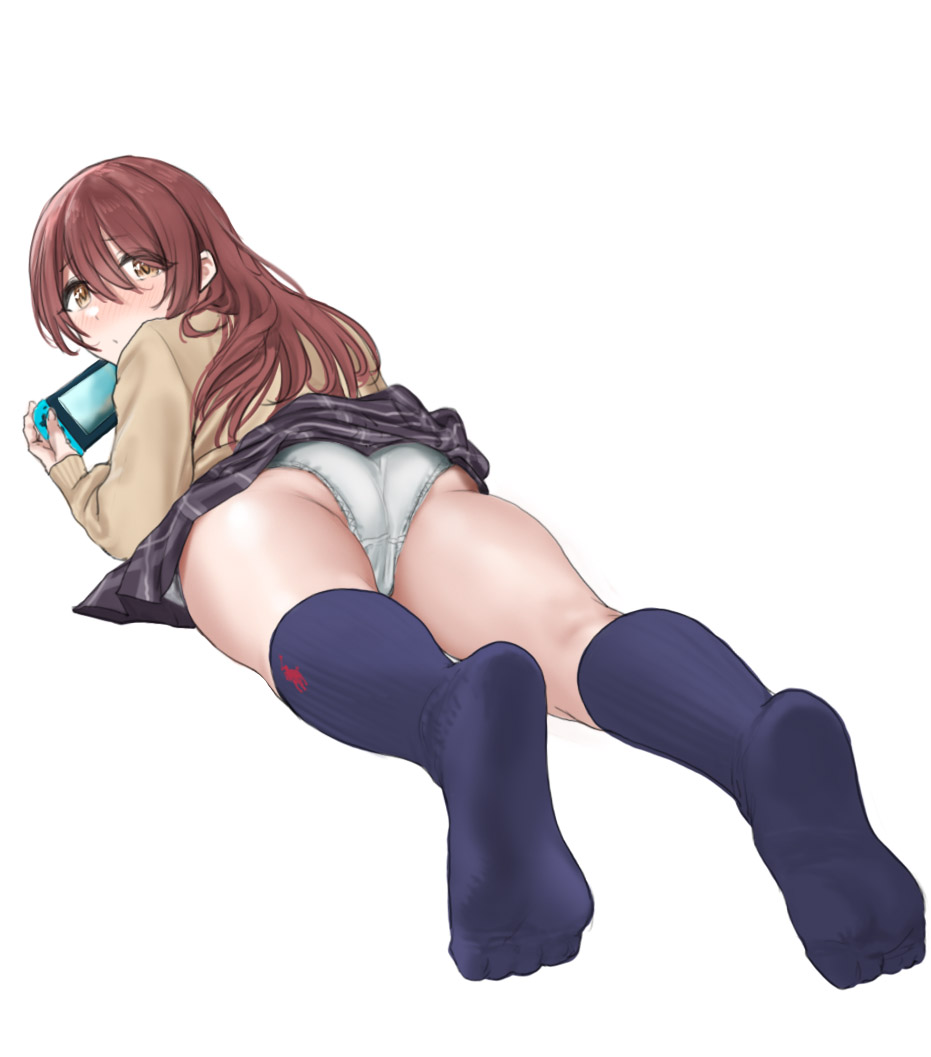 1girl ass bangs black_skirt blue_legwear blush brown_eyes brown_hair brown_sweater closed_mouth clothes_lift commentary_request eyebrows_visible_through_hair from_behind hair_between_eyes hamedoragon holding idolmaster idolmaster_shiny_colors kneehighs long_hair long_sleeves looking_at_viewer looking_back lying nintendo_switch no_shoes on_stomach oosaki_tenka panties plaid plaid_skirt simple_background skirt skirt_lift soles solo sweater underwear white_background white_panties