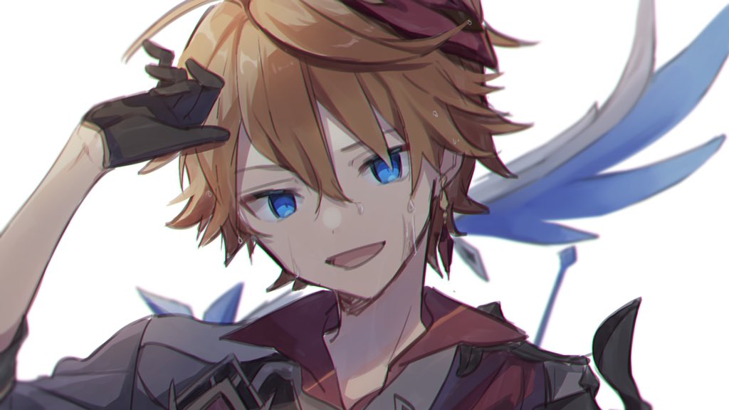 1boy bangs black_gloves blue_eyes earrings genshin_impact gloves hair_between_eyes jacket jewelry looking_at_viewer male_focus mask mask_removed open_mouth orange_hair portrait red_mask shirase_(shirose) simple_background single_earring solo tartaglia_(genshin_impact) white_background