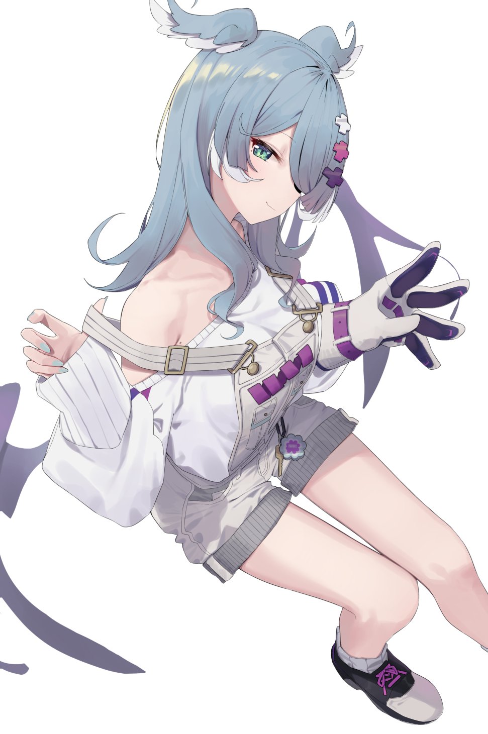 1girl aqua_hair bare_shoulders collarbone elira_pendora gloves green_eyes hair_ornament hair_over_one_eye hairclip head_wings highres long_hair looking_at_viewer mole mole_on_armpit nail nijisanji nijisanji_en overalls shoes simple_background single_glove smile sneakers solo sweater syhan virtual_youtuber white_background wings
