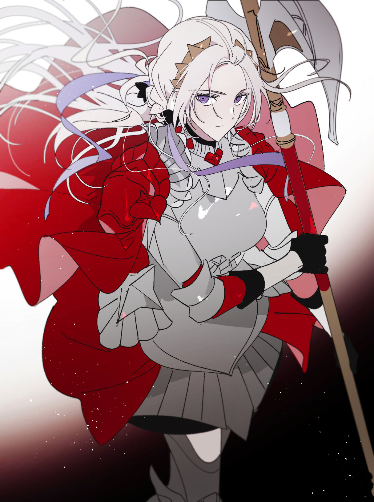 1girl armor axe cape edelgard_von_hresvelg fire_emblem fire_emblem:_three_houses fire_emblem_warriors:_three_hopes gloves hair_ribbon highres long_hair looking_at_viewer red_cape ribbon simple_background skirt solo violet_eyes vo1ez white_hair