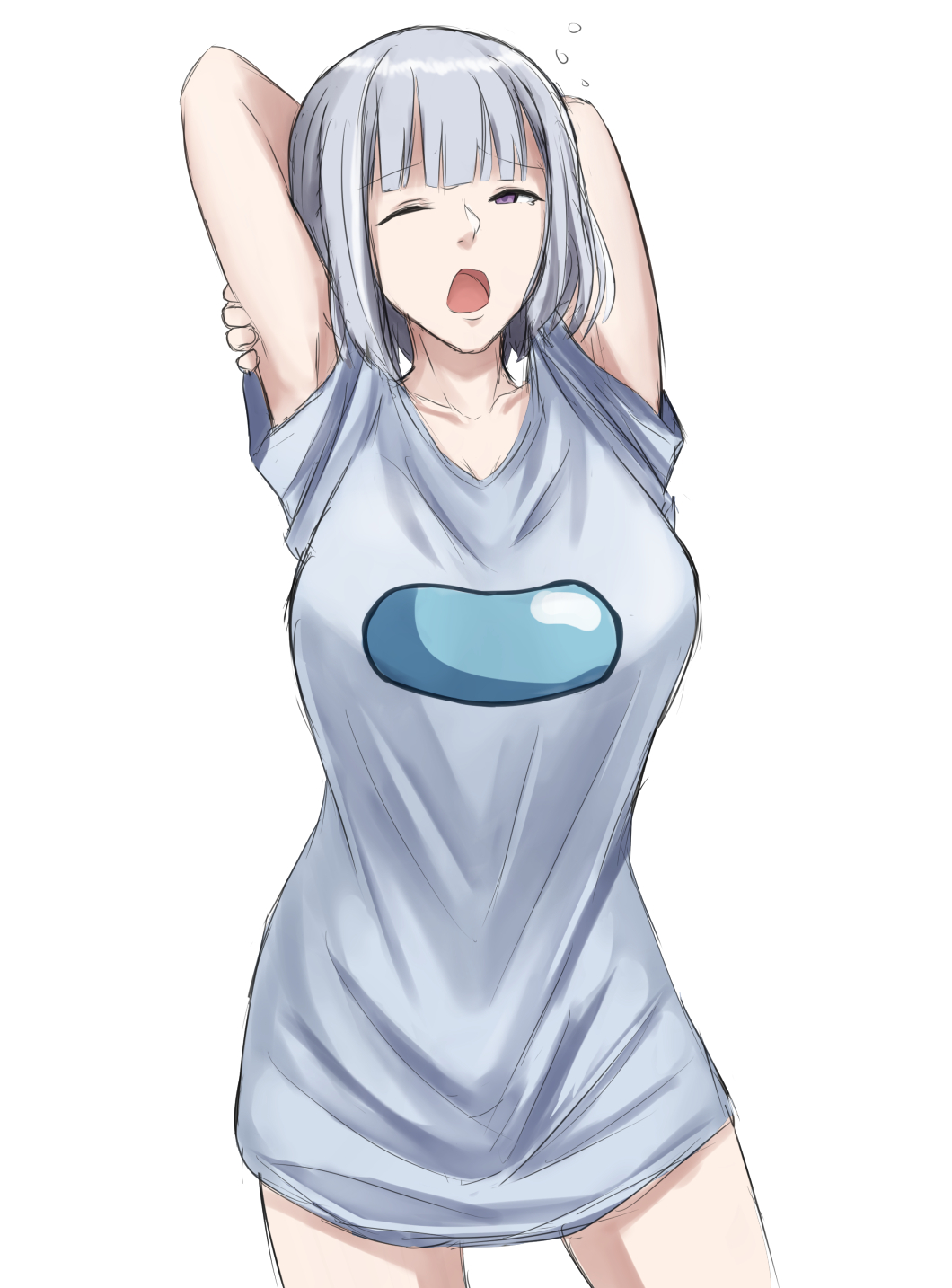 1girl arms_behind_head blue_shirt breasts collarbone cyka eyebrows_visible_through_hair feet_out_of_frame girls_frontline highres looking_at_viewer medium_breasts medium_hair one_eye_closed open_mouth rpk-16_(girls'_frontline) shirt silver_hair solo standing violet_eyes white_background