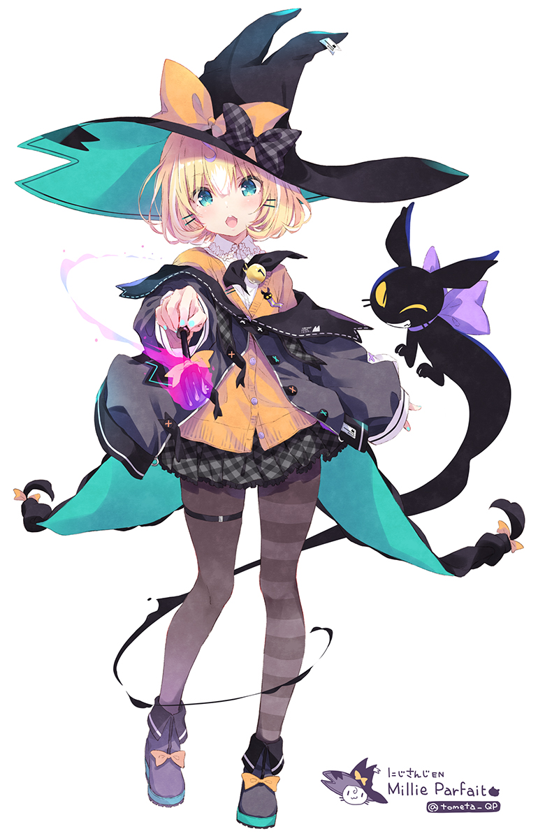 1girl :o bangs bell black_bow black_cat black_headwear black_jacket black_legwear black_skirt bow cat character_name collared_shirt flat_chest green_eyes hat head_tilt highres jacket looking_at_viewer lucie_(millie_parfait) millie_parfait nijisanji nijisanji_en off-shoulder_jacket off_shoulder ohara_tometa open_mouth orange_bow orange_sweater pantyhose shirt skirt solo sweater thigh_strap twitter_username virtual_youtuber white_background white_shirt witch_hat
