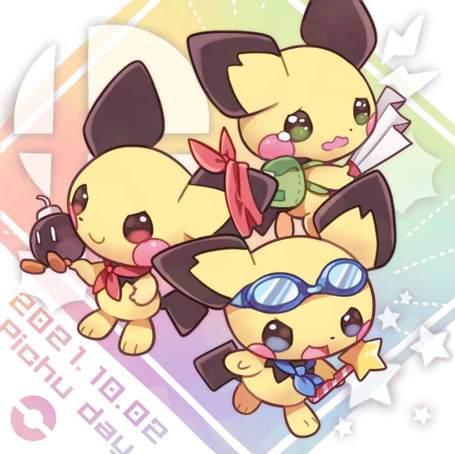 backpack bag blue_neckwear bomb brown_eyes character_name closed_mouth commentary_request dated goggles goggles_on_head green_bag green_eyes holding holding_bomb holding_wand kuo no_humans pichu pokemon pokemon_(creature) red_neckwear smile star_(symbol) wand