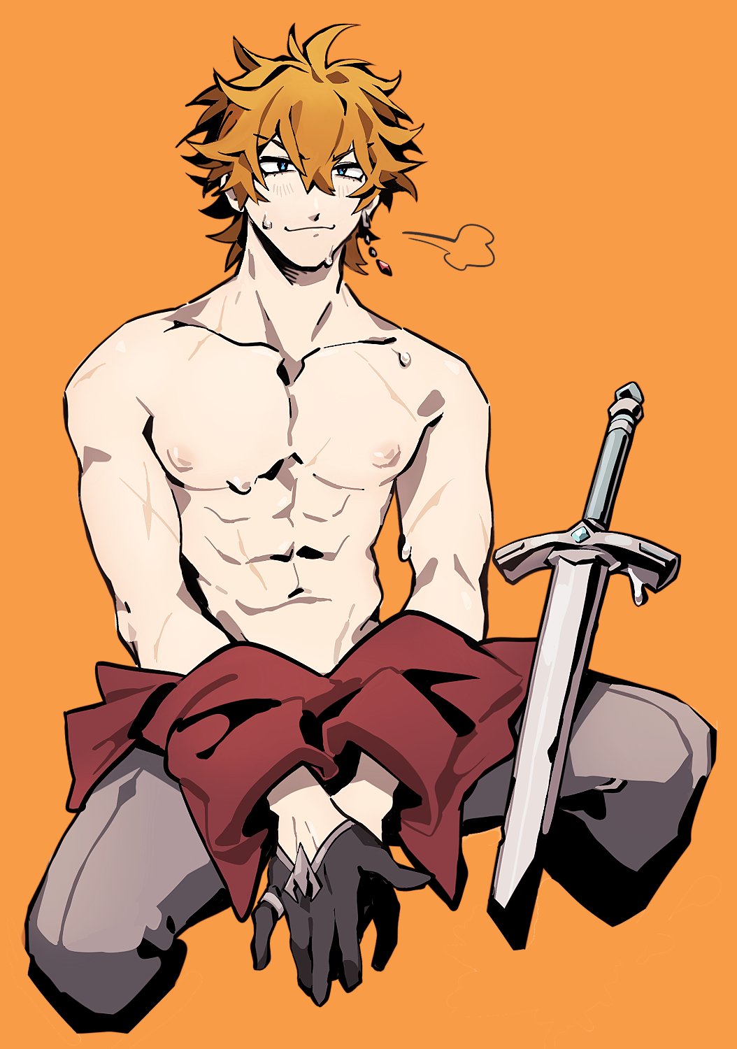 1boy bangs earrings genshin_impact gloves hair_between_eyes highres hilimuc jewelry male_focus orange_background orange_hair scar short_hair simple_background single_earring smirk sweat sword tartaglia_(genshin_impact) toned toned_male topless_male weapon