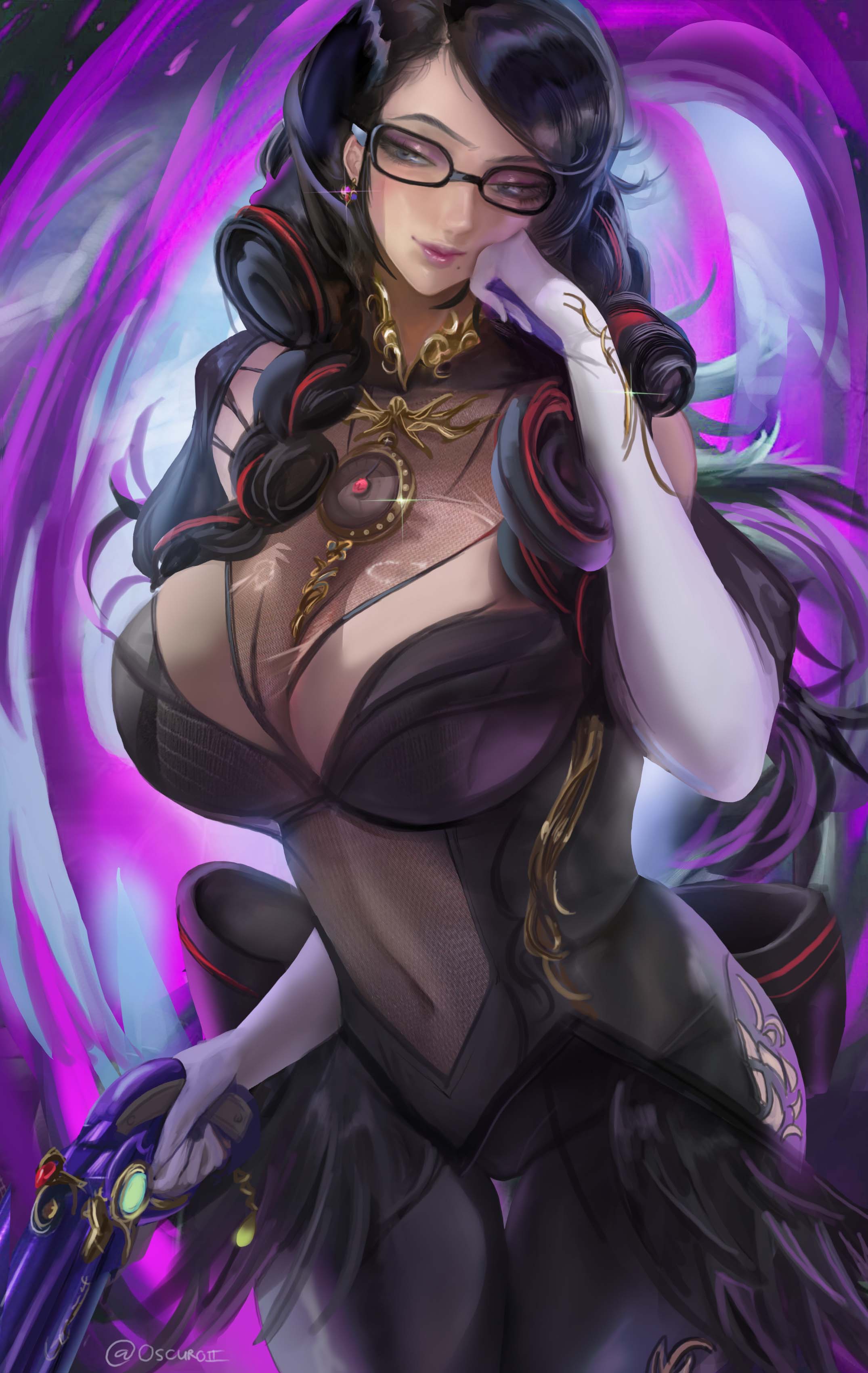 1girl absurdres bayonetta bayonetta_(series) bayonetta_3 black_hair braid breasts clothing_cutout earrings eyeshadow glasses gloves gun highres jewelry large_breasts lipstick long_hair looking_at_viewer makeup mole mole_under_mouth multicolored_hair nintendo oscuroii redhead ribbon simple_background smile solo streaked_hair twin_braids weapon