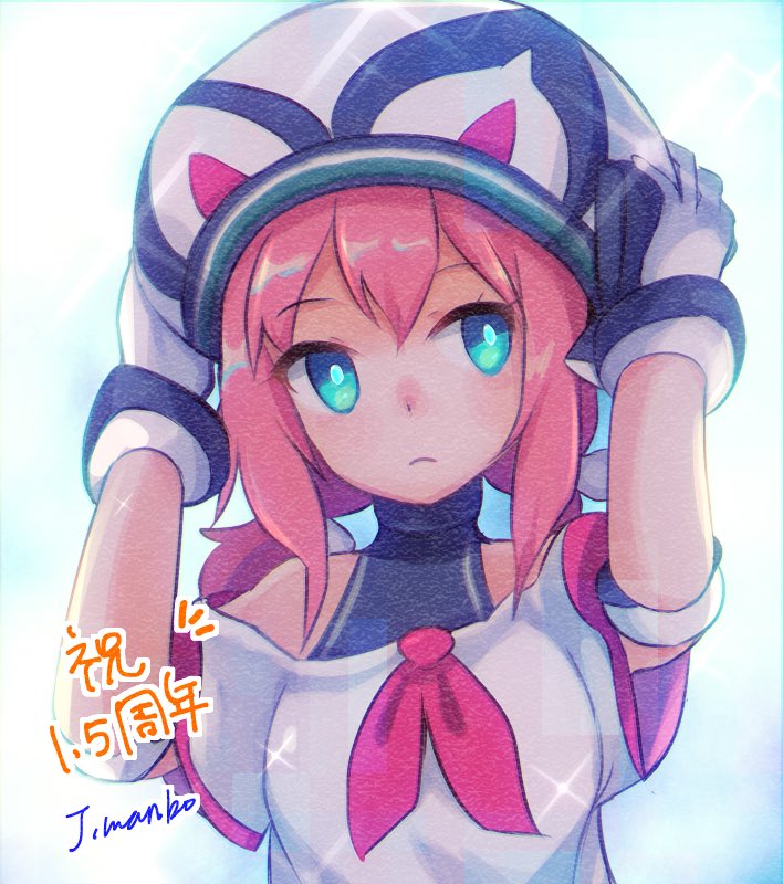 1girl adjusting_clothes adjusting_headwear aqua_eyes arms_up artist_name backlighting bangs bare_shoulders black_swimsuit blue_background blue_sky blush breasts bright_pupils commentary_request day eyebrows_visible_through_hair hair_ribbon hat jpeg_artifacts light_blush long_hair looking_to_the_side neckerchief off-shoulder_shirt off_shoulder official_alternate_costume one-piece_swimsuit outdoors pink_hair red_neckwear ribbon sera_(world_flipper) shiny shiny_hair shirt short_sleeves sidelocks signature simple_background sky small_breasts solo sparkle swimsuit swimsuit_under_clothes tied_hair translation_request trutsmn twintails upper_body white_ribbon white_shirt world_flipper