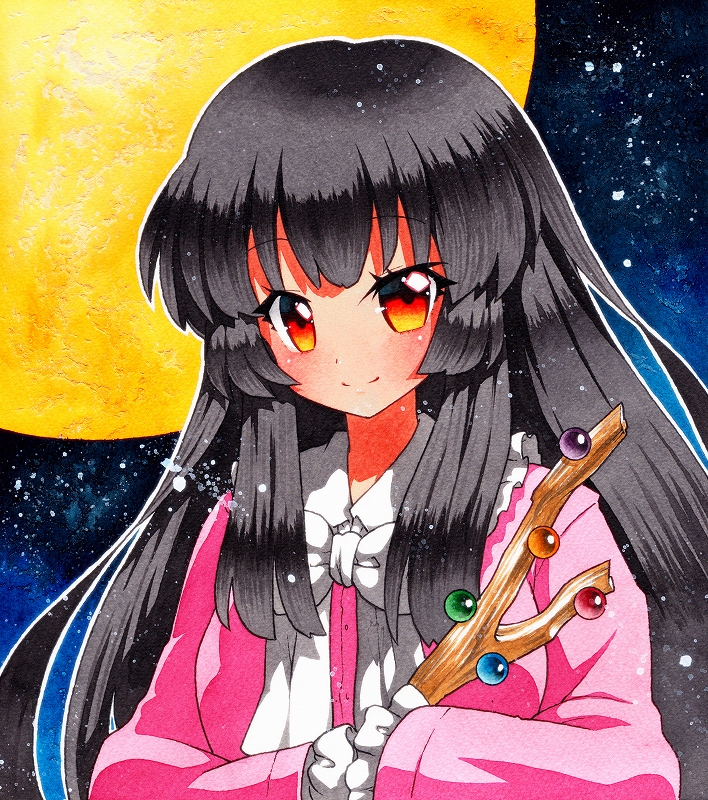 1girl bangs black_hair black_sky blouse blue_sky bow bowtie breasts buttons closed_mouth collar collared_blouse eyebrows_visible_through_hair gradient gradient_sky hair_between_eyes hands_up houraisan_kaguya jeweled_branch_of_hourai long_hair long_sleeves looking_at_viewer medium_breasts moon multicolored multicolored_eyes night night_sky orange_eyes pink_blouse pink_sleeves qqqrinkappp red_eyes shikishi sky smile solo star_(sky) starry_sky touhou traditional_media treasure white_bow white_neckwear wide_sleeves yellow_eyes yellow_moon