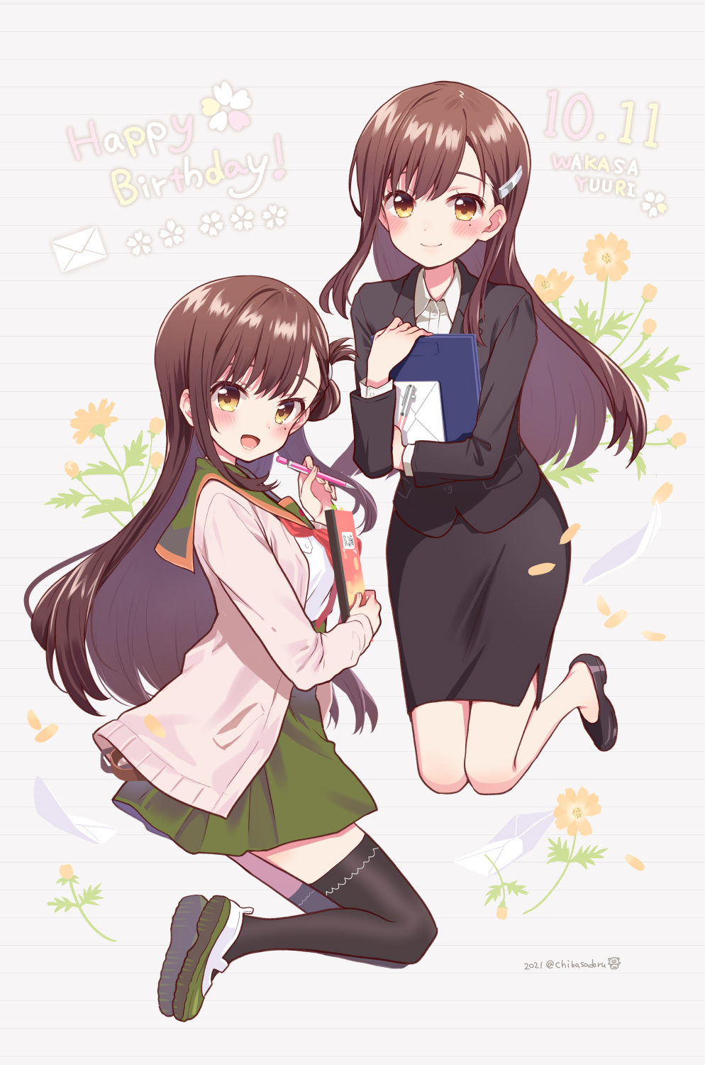 2girls black_jacket black_legwear blue_sailor_collar blue_skirt brown_hair cardigan chiba_sadoru commentary_request dual_persona folded_hair formal full_body gakkou_gurashi! green_skirt hair_ornament hairclip happy_birthday highres jacket long_hair megurigaoka_high_school_uniform multiple_girls neckerchief office_lady pencil_skirt pleated_skirt red_neckwear sailor_collar school_uniform shoes skirt skirt_suit spoilers suit suit_jacket thigh-highs time_paradox uwabaki wakasa_yuuri