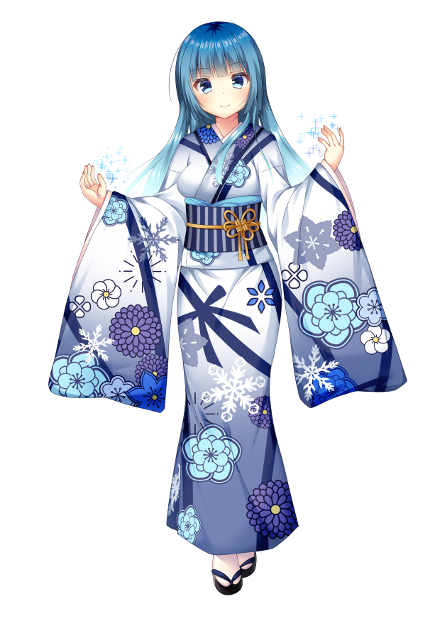 1girl bangs black_footwear blue_eyes blue_hair blue_kimono closed_mouth commentary_request copyright_request eyebrows_visible_through_hair floral_print fujikura_ryuune gradient_kimono japanese_clothes kimono long_hair long_sleeves looking_at_viewer obi official_art print_kimono sash simple_background smile solo standing tabi white_background white_kimono white_legwear wide_sleeves zouri