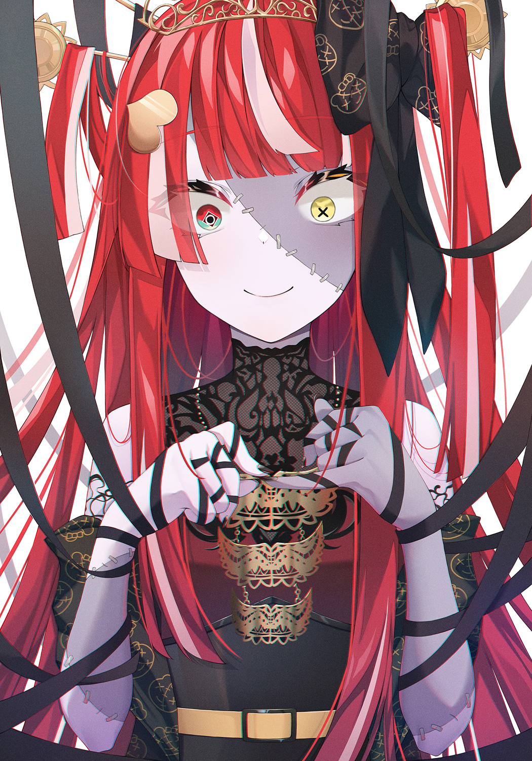1girl bangs black_bow black_nails black_ribbon bow closed_mouth commentary_request eyebrows_visible_through_hair eyes_visible_through_hair fingernails hair_bow hair_ornament hair_stick hands_up heart heart_hair_ornament heterochromia highres hololive hololive_indonesia infinity_(kkx132) kureiji_ollie long_hair multicolored_hair nail_polish patchwork_skin red_eyes redhead ribbon romaji_commentary silver_hair smile solo two-tone_hair upper_body virtual_youtuber white_background yellow_eyes