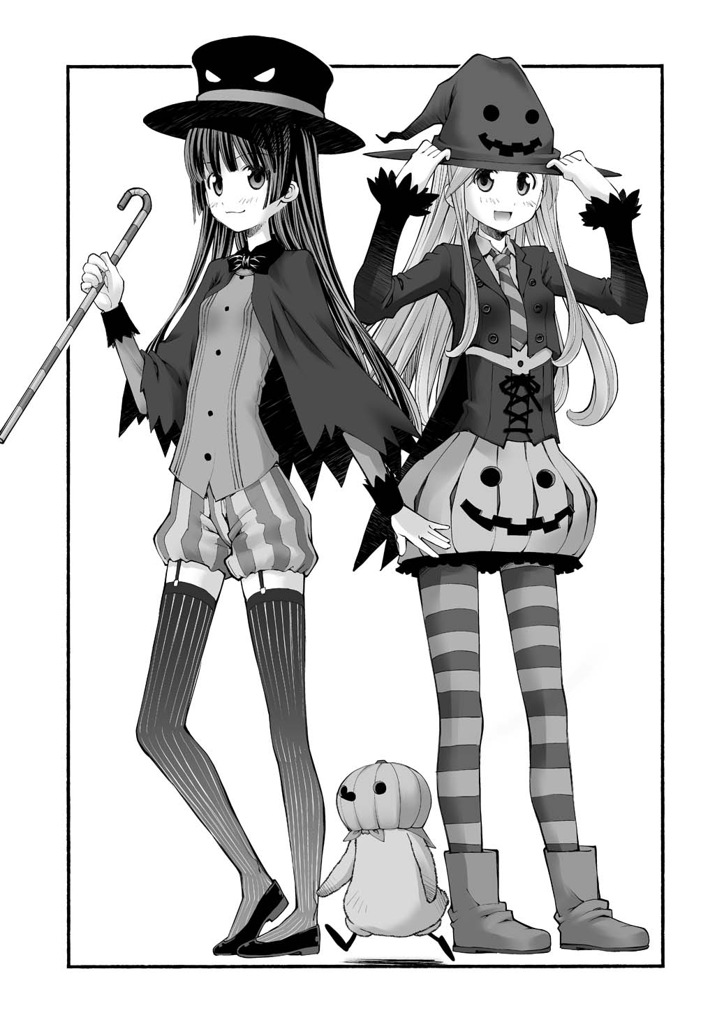 2girls adjusting_clothes adjusting_headwear bangs bird blouse boater_hat boots candy candy_cane capelet closed_mouth coattails commentary_request eyebrows_visible_through_hair flats food garter_straps greyscale halloween halloween_costume hat heel_up highres holding holding_candy holding_food jacket junketsu_sensen kusano_kouichi long_hair long_sleeves looking_at_viewer monochrome multiple_girls open_mouth outside_border pantyhose penguin pumpkin_pants pumpkin_skirt side-by-side smile standing striped striped_legwear thigh-highs vertical-striped_legwear vertical_stripes witch_hat