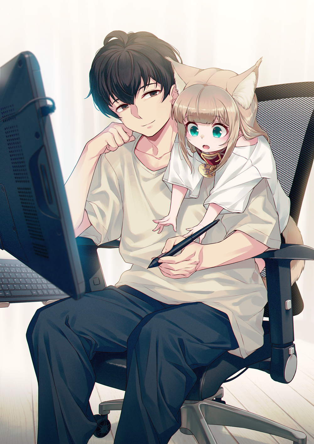 1boy 1girl 40hara animal_collar animal_ear_fluff animal_ears aqua_eyes artist_self-insert bangs black_hair blonde_hair blunt_bangs brown_eyes cat_ears cat_girl cat_tail chair collar eyebrows_visible_through_hair highres kinako_(40hara) long_hair monitor original red_collar shirt short_hair sitting smile stylus t-shirt tail white_t-shirt