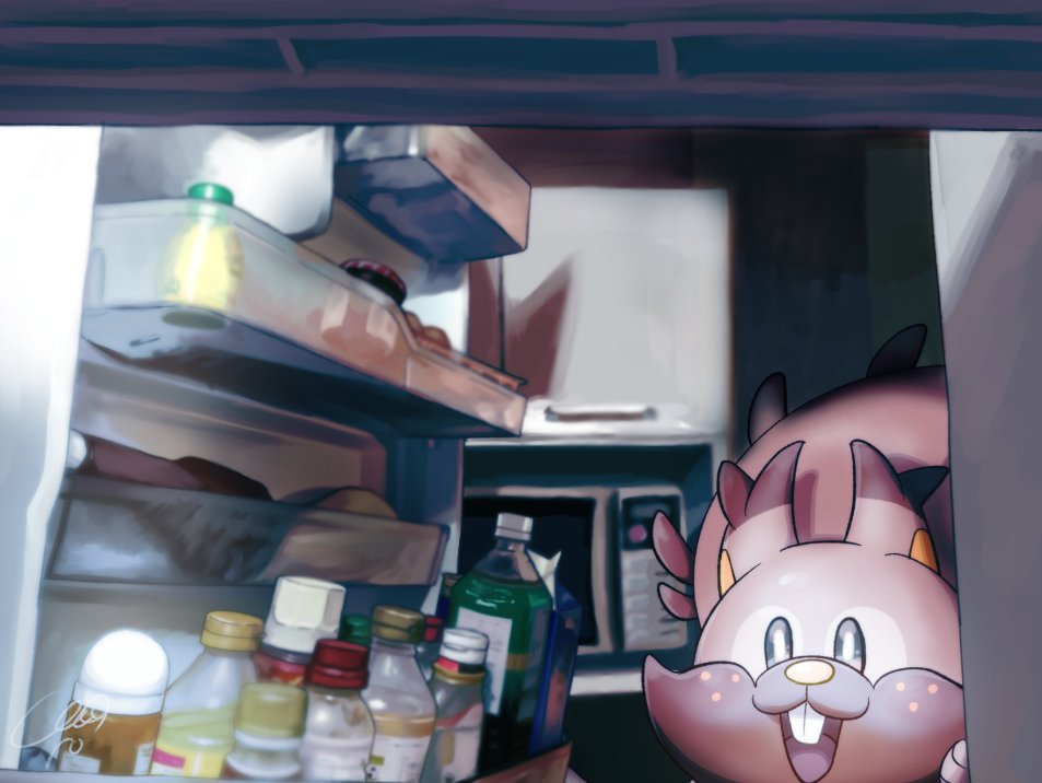 :d bottle commentary_request cupboard fangs greedent grey_eyes indoors karo-chan_(buttpurun) microwave open_mouth plastic_bottle pokemon pokemon_(creature) refrigerator refrigerator_interior shelf signature smile solo tongue