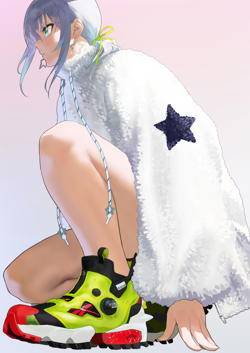 1girl :o bare_legs bike_shorts character_request earrings fur_shirt gradient gradient_background hand_on_ground ikuchan_kaoru jewelry long_sleeves looking_afar one_knee original profile shiny shiny_hair shoes simple_background sneakers star_(symbol) star_earrings star_print thighs tied_hair zipper