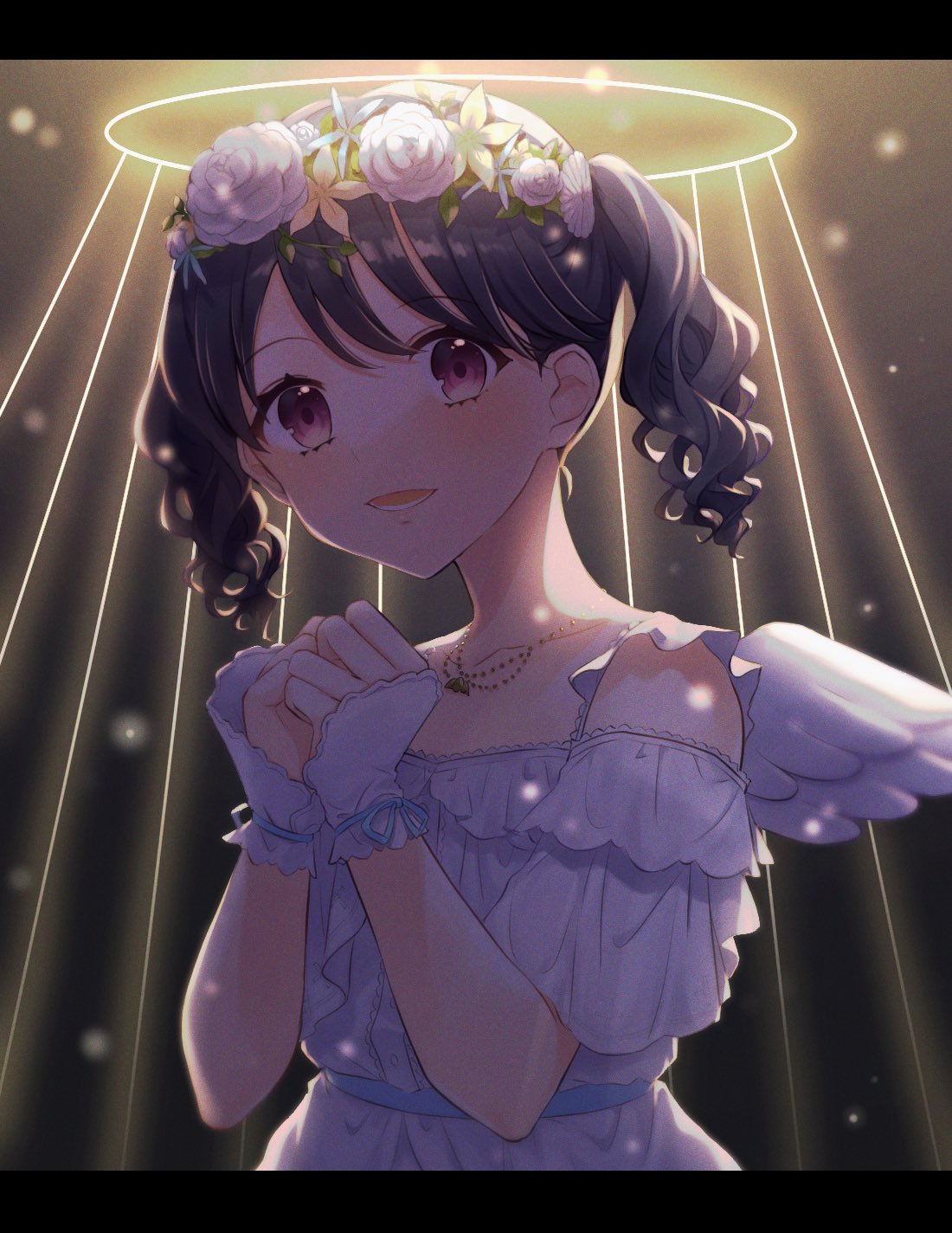 1girl angel_wings black_hair clenched_hands collarbone commentary_request dress flower flower_wreath fukumaru_koito hair_flower hair_ornament halo highres idolmaster idolmaster_shiny_colors jewelry looking_at_viewer medium_hair necklace solo soppppphie twintails violet_eyes white_dress wings wrist_cuffs