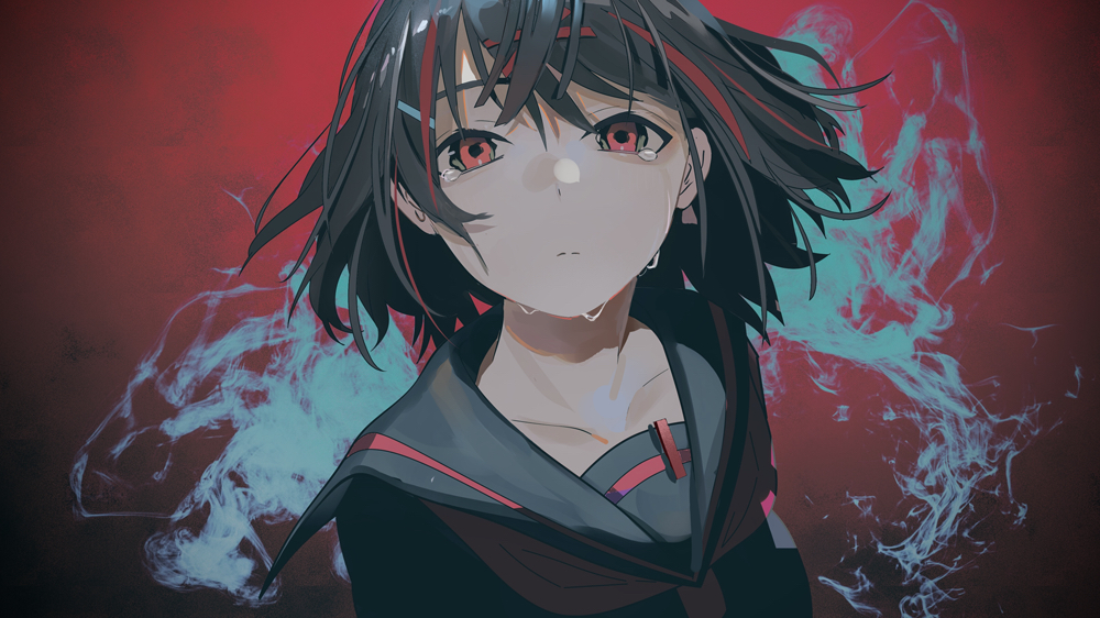 1girl bangs black_hair black_sailor_collar black_serafuku black_shirt closed_mouth collarbone commentary_request crying crying_with_eyes_open higasizora-kai looking_at_viewer looking_up multicolored_hair neckerchief original portrait red_background red_eyes red_neckwear redhead sailor_collar school_uniform serafuku shirt short_hair solo streaked_hair tears