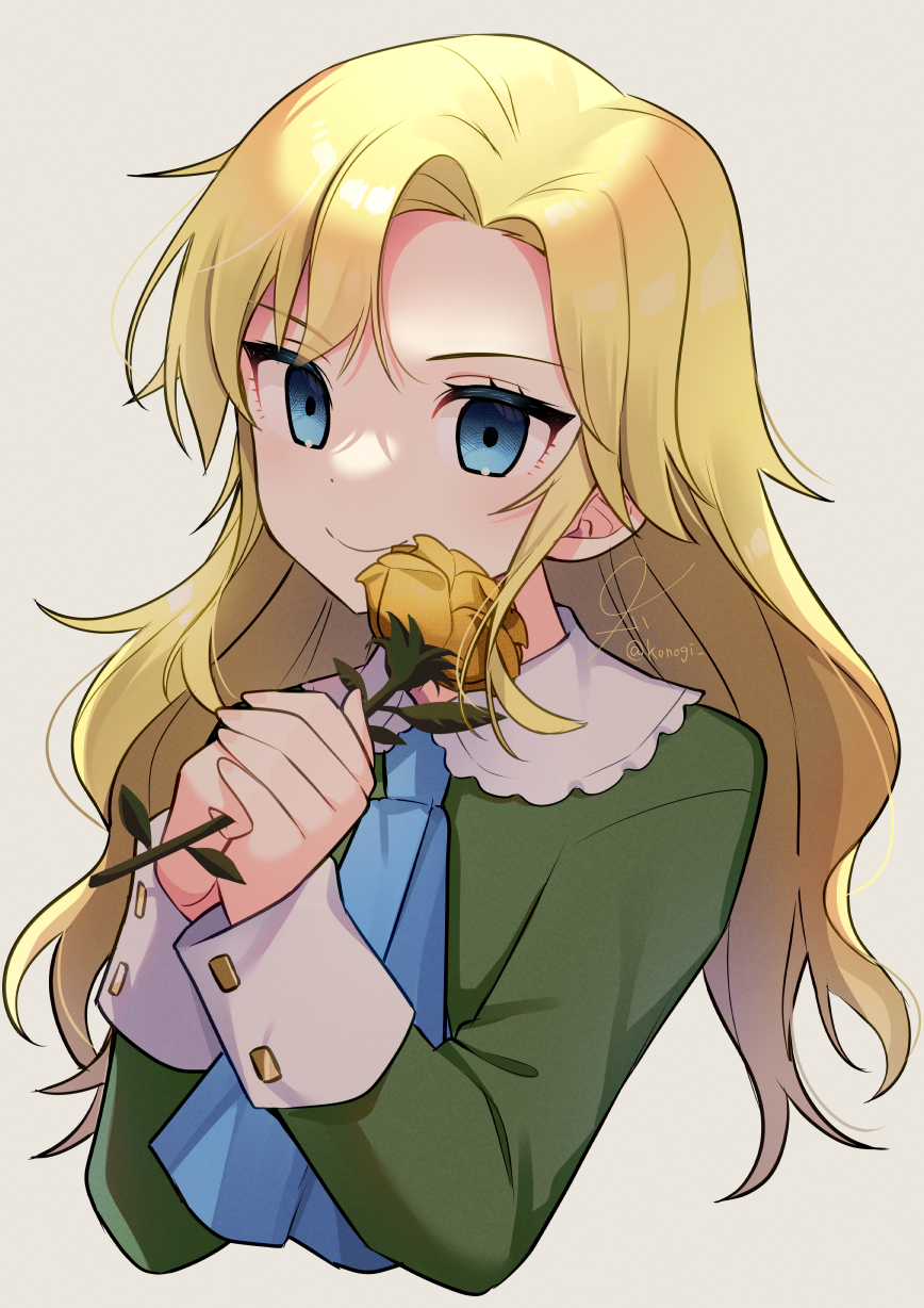 blonde_hair blue_eyes blue_neckwear closed_mouth cropped_torso dot_nose dress flower green_dress grey_background highres holding holding_flower ib konogi_nogi long_hair looking_at_viewer mary_(ib) necktie own_hands_together rose signature simple_background smelling_flower smile solo twitter_username yellow_flower yellow_rose