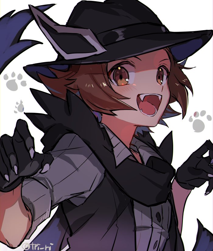 1boy :d animal_hands black_gloves black_headwear black_scarf black_vest blush brown_eyes brown_hair buttons collared_shirt commentary_request gloves grey_shirt hands_up hat hilbert_(pokemon) looking_at_viewer male_focus official_alternate_costume open_mouth paw_gloves paw_print pokemon pokemon_(game) pokemon_ears pokemon_masters_ex scarf shirt smile solo teeth tongue tpi_ri twitter_username upper_body vest