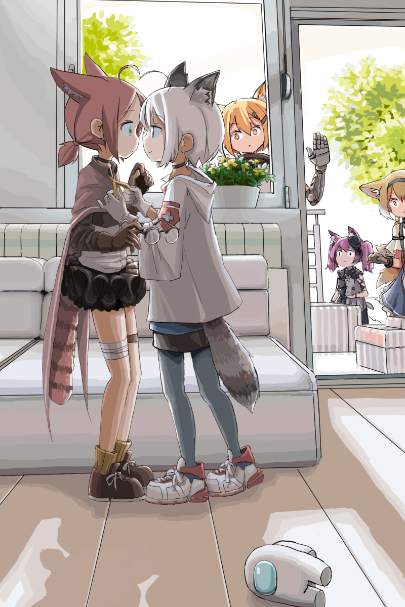 5girls :o adjusting_clothes ahoge among_us animal_ear_fluff animal_ears arknights bangs black_dress black_skirt blonde_hair blue_eyes brown_cape brown_footwear brown_gloves brown_hair cape choker commentary couch door dress english_commentary eyewear_removed flower flower_pot fox_ears fox_tail full_body glass_door gloves green_eyes grey_legwear hair_ornament hairband hairclip highres indoors jacket leg_wrap looking_at_another mechanical_arms multiple_girls multiple_tails myrrh_(arknights) orange_eyes pantyhose prosthesis prosthetic_arm purple_hair raccoon_tail shamare_(arknights) shamare_(echo_of_the_horrorlair)_(arknights) shoes short_hair sidelocks single_mechanical_arm sixten skirt smile standing stuffed_toy sussurro_(arknights) suzuran_(arknights) tail tree vermeil_(arknights) white_footwear white_gloves white_hair white_jacket wide_sleeves window yuri