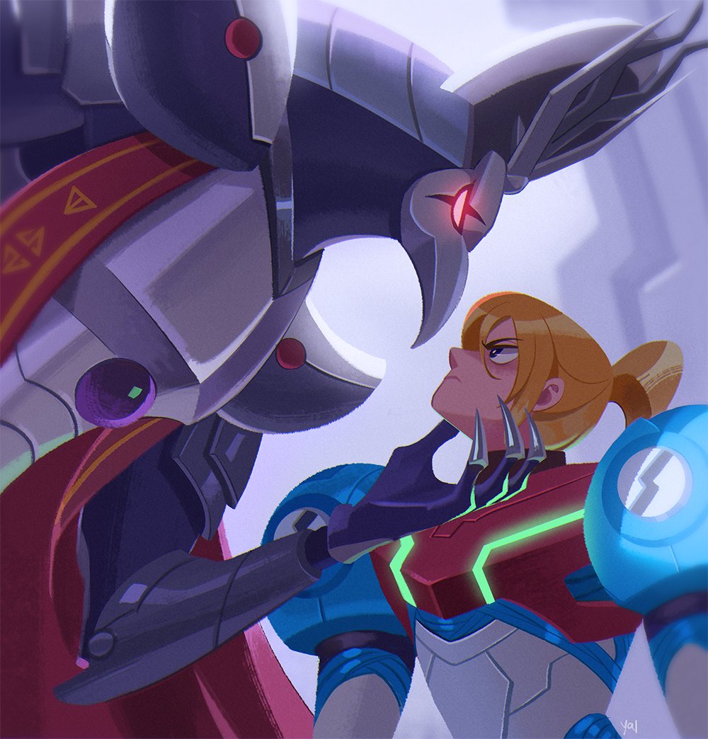 1boy 1girl angry armor beak blonde_hair cape claws difdifme eye_contact glaring glowing glowing_eyes hand_on_another's_face looking_at_another metroid metroid_dread ponytail power_suit power_suit_(metroid) raven_beak_(metroid) red_cape red_eyes samus_aran scar serious size_difference upper_body