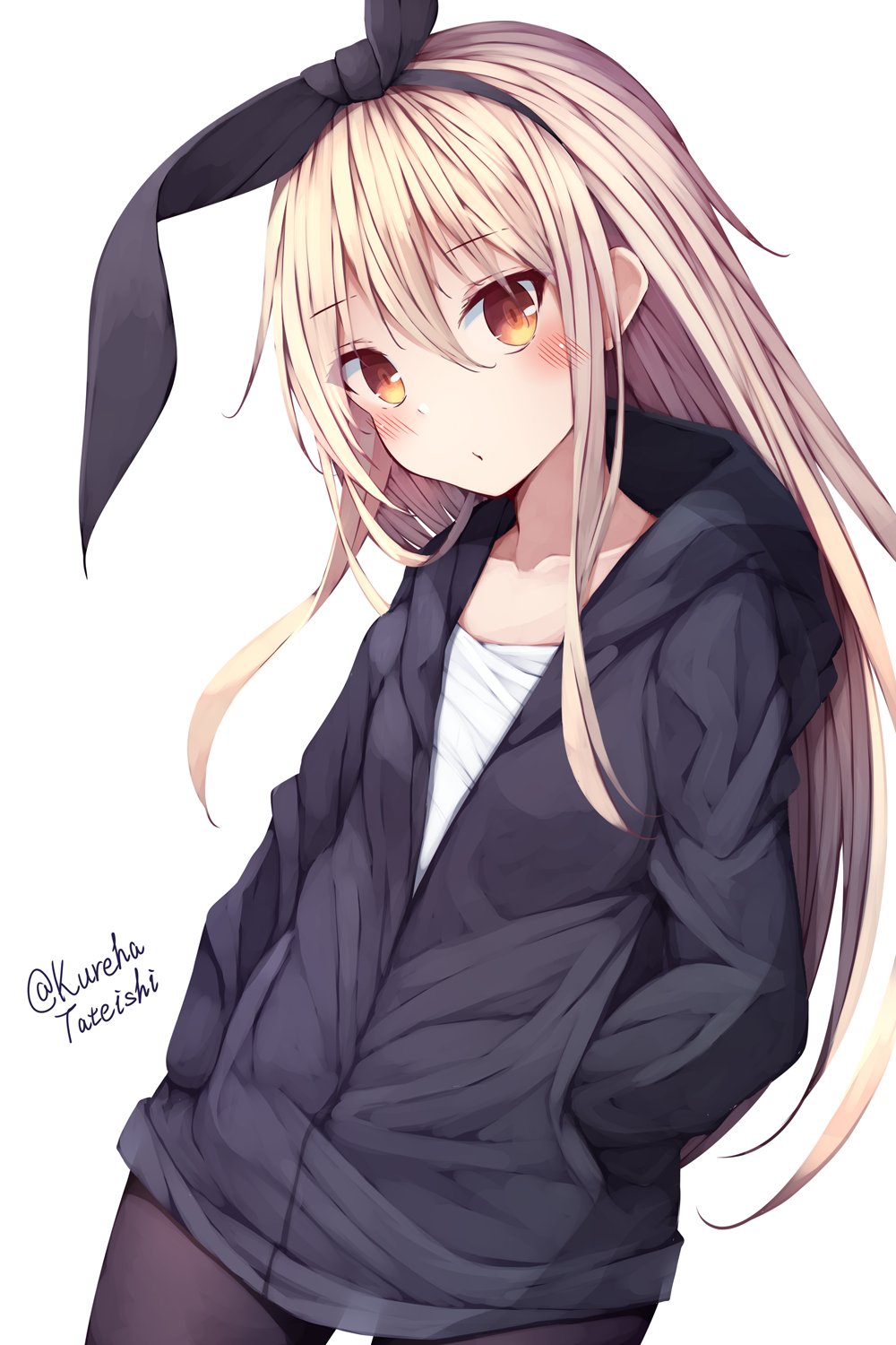 1girl alternate_costume black_jacket black_legwear blonde_hair commentary_request flat_chest grey_eyes hands_in_pockets highres jacket kantai_collection long_hair one-hour_drawing_challenge pantyhose shimakaze_(kancolle) shirt simple_background solo tateishi_kureha twitter_username white_background white_shirt