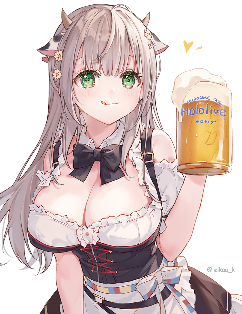 1girl :q alcohol animal_ears apron bangs beer beer_mug black_bow black_neckwear blush bow bowtie breasts brown_skirt character_name commentary copyright_name corset cow_ears cow_horns cup detached_collar dirndl eikaa flower german_clothes green_eyes hair_flower hair_ornament hand_up heart holding holding_cup hololive horns large_breasts long_hair looking_at_viewer mug shirogane_noel short_sleeves silver_hair simple_background skirt solo symbol-only_commentary tongue tongue_out twitter_username upper_body virtual_youtuber white_apron white_background white_flower