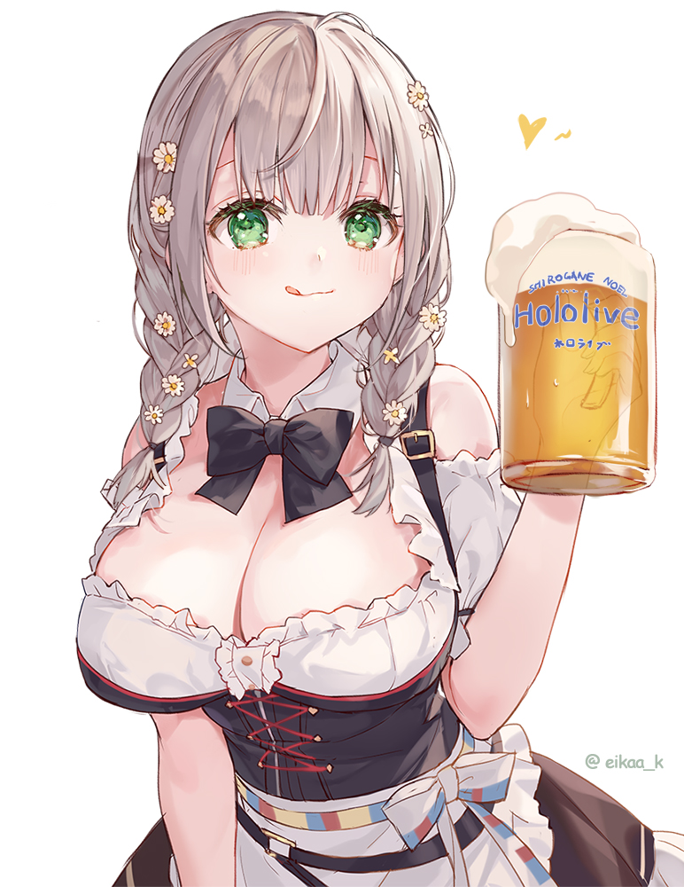 1girl :q alcohol apron bangs beer beer_mug black_bow black_neckwear blush bow bowtie braid breasts brown_skirt character_name commentary copyright_name corset cup detached_collar dirndl eikaa flower german_clothes green_eyes hair_flower hair_ornament hand_up heart holding holding_cup hololive large_breasts long_hair looking_at_viewer mug shirogane_noel short_sleeves silver_hair simple_background skirt solo symbol-only_commentary tongue tongue_out twin_braids twitter_username upper_body virtual_youtuber white_apron white_background white_flower