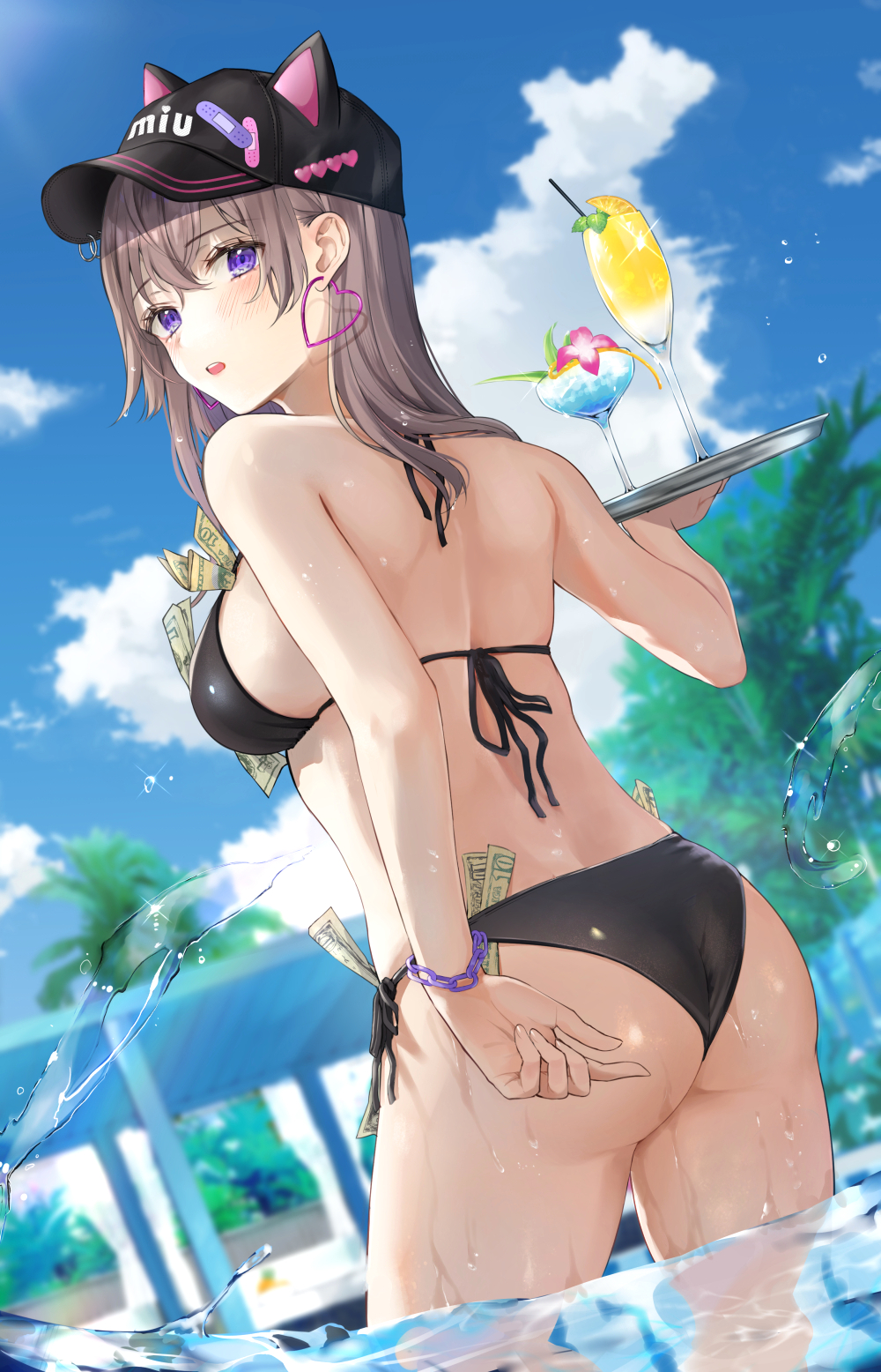 1girl animal_hat ass back bangs bikini black_bikini blush breasts brown_hair cat_hat chain champagne_flute clouds cocktail cocktail_glass cup day drinking_glass drinking_straw earrings eyebrows_visible_through_hair hair_between_eyes hat heart heart_earrings highres imo_norio jewelry long_hair looking_at_viewer looking_back medium_breasts money open_mouth original outdoors peaked_cap side-tie_bikini sideboob sky solo splashing swimsuit tray tropical_drink violet_eyes wading waitress water wet