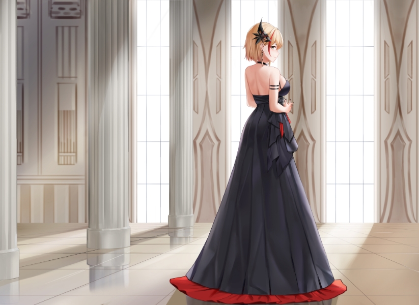 1girl arm_strap armlet azur_lane backless_dress backless_outfit bare_shoulders black_dress breasts cross cross_earrings dress earrings evening_gown from_behind halter_dress halterneck indoors jewelry large_breasts light_brown_hair long_dress looking_at_viewer looking_back medium_hair multicolored_hair official_alternate_costume qing_wu redhead roon_(azur_lane) roon_(dark_red_grin)_(azur_lane) solo streaked_hair two-tone_hair