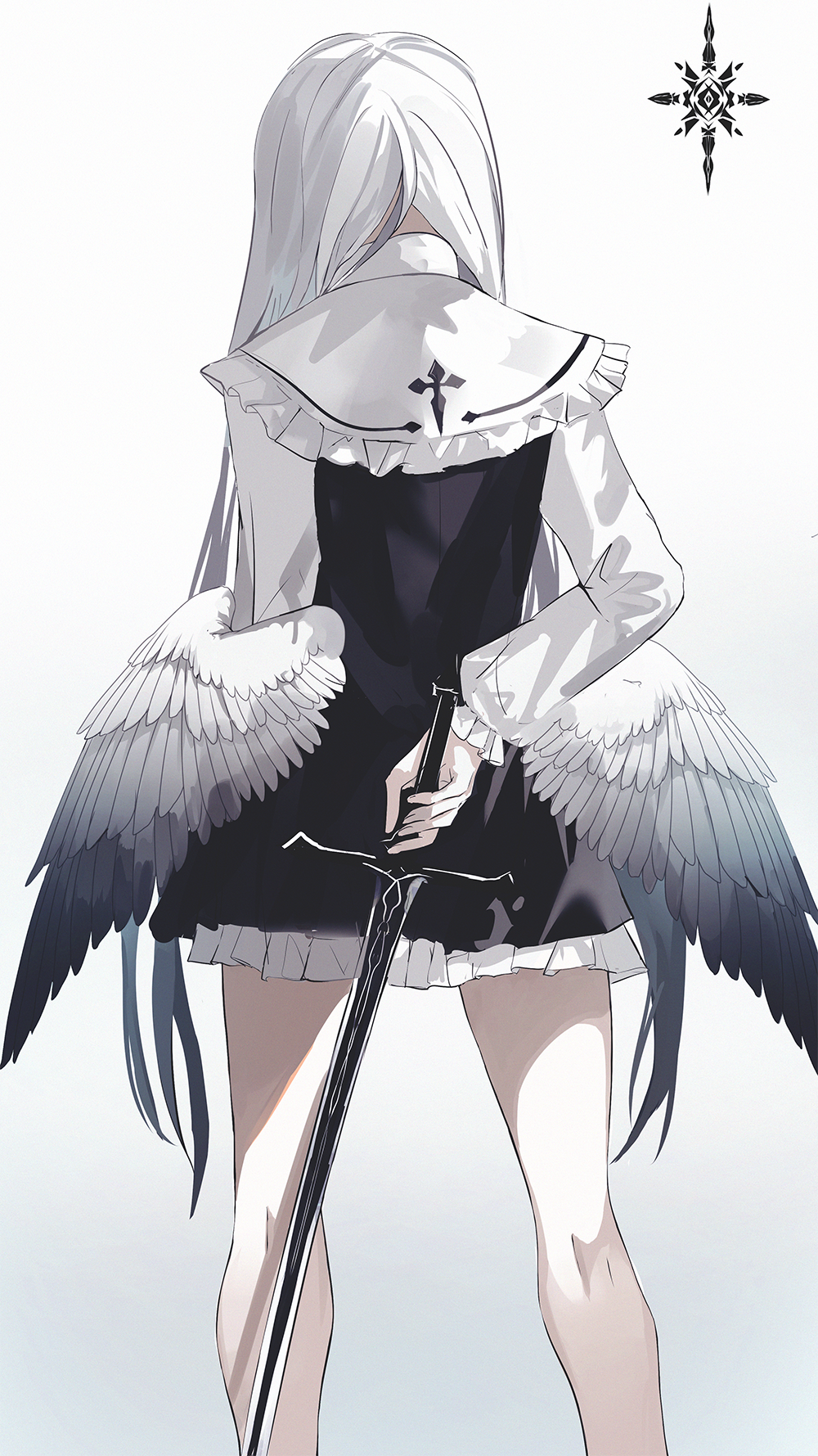 1girl angel_wings arm_behind_back black_dress capelet dress facing_away feet_out_of_frame frilled_capelet frilled_skirt frilled_sleeves frills from_behind gradient gradient_background gradient_hair green_night grey_background grey_hair highres holding holding_sword holding_weapon long_hair long_sleeves low_wings multicolored_hair original skirt solo standing sword very_long_hair weapon white_background white_capelet white_hair wings