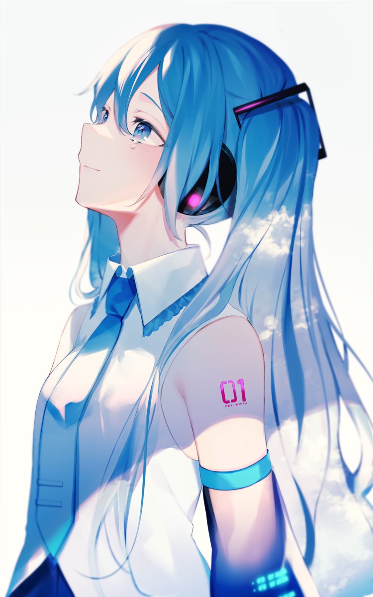 1girl achiki bangs blue_hair blue_neckwear closed_mouth collar collared_shirt detached_sleeves frilled_collar frills from_side green_hair hair_between_eyes hair_ornament hatsune_miku highres long_hair looking_up necktie shirt shoulder_tattoo simple_background sleeveless sleeveless_shirt solo tattoo teardrop tie_clip twintails upper_body very_long_hair vocaloid
