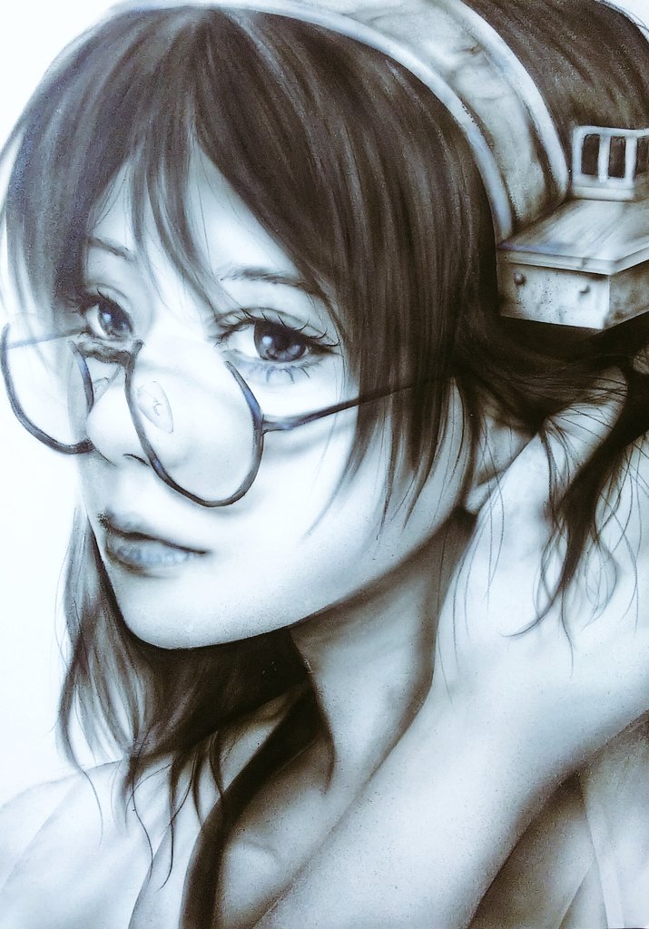 1girl bangs eyelashes face glasses greyscale hair_between_eyes hand_in_hair headgear kantai_collection kirishima_(kancolle) lips monochrome portrait realistic round_eyewear short_hair simple_background solo tororo_ten