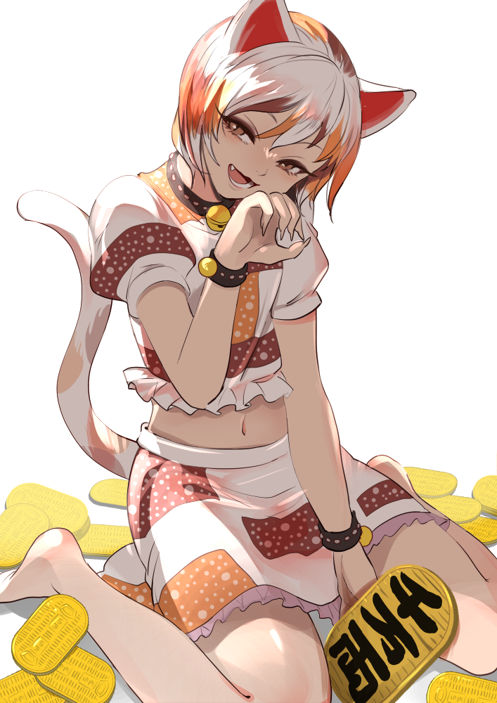 animal_ears bare_legs barefoot bell black_collar brown_eyes calico cat_ears cat_tail coin collar fang feet_out_of_frame fingernails frilled_shirt frilled_skirt frills full_body gesture gold goutokuji_mike jingle_bell kerok_(joniko1110) koban_(gold) long_fingernails maneki-neko midriff multicolored multicolored_clothes multicolored_hair multicolored_shirt multicolored_skirt multicolored_tail navel neck_bell patches patchwork_clothes paw_pose revision shirt short_sleeves simple_background sitting skirt streaked_hair tail touhou wariza white_background