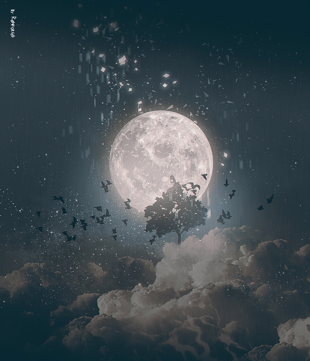 bird clouds commentary english_commentary flock full_moon landscape moon night night_sky no_humans original outdoors reinforced scenery signature sky star_(sky)