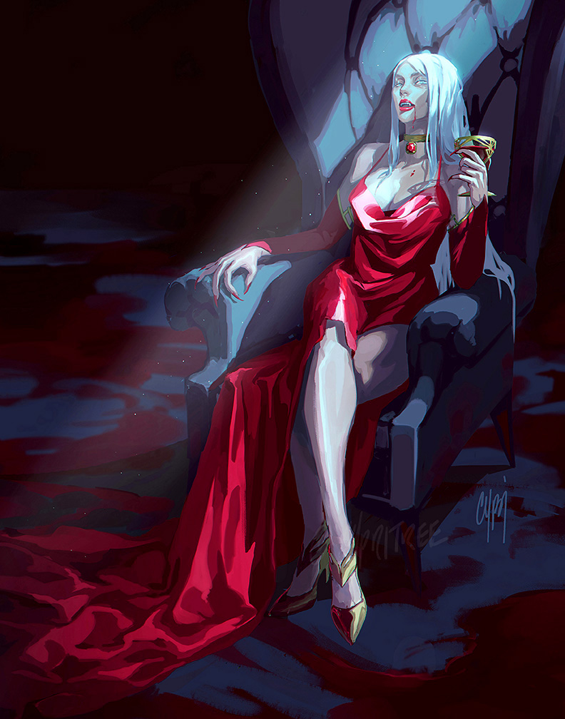 1girl blood bonnie_tang breasts carmilla castlevania castlevania_(netflix) dress elbow_gloves fingernails gloves lipstick long_fingernails long_hair looking_at_viewer makeup pale_skin red_lips red_nails simple_background solo vampire white_hair