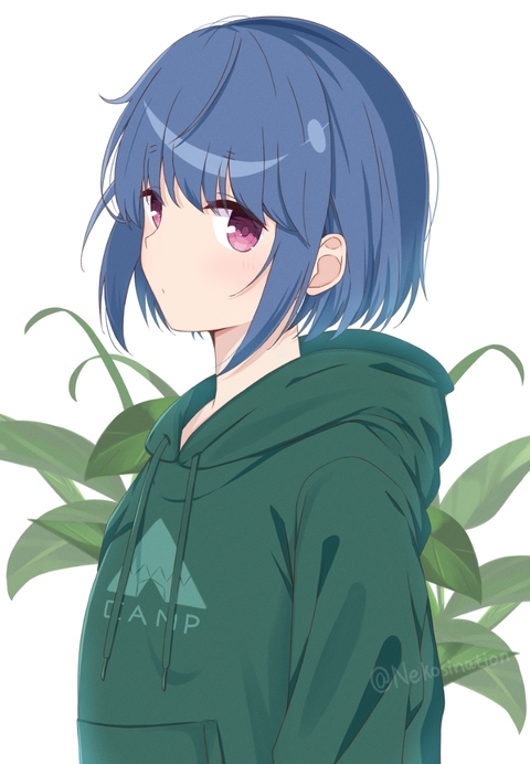 1girl alternate_hair_length alternate_hairstyle bangs blue_hair blush bob_cut closed_mouth clothes_writing commentary_request drawstring eyebrows_visible_through_hair green_hoodie hood hood_down hoodie looking_at_viewer nekosination shima_rin short_hair simple_background solo twitter_username upper_body violet_eyes white_background yurucamp