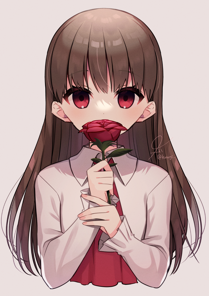 1girl blush brown_hair cropped_torso dot_nose dress flower flower_over_mouth grey_background highres holding holding_flower ib ib_(ib) konogi_nogi long_hair long_sleeves looking_at_viewer red_dress red_eyes red_flower red_rose rose shirt signature simple_background smelling_flower solo twitter_username upper_body white_shirt