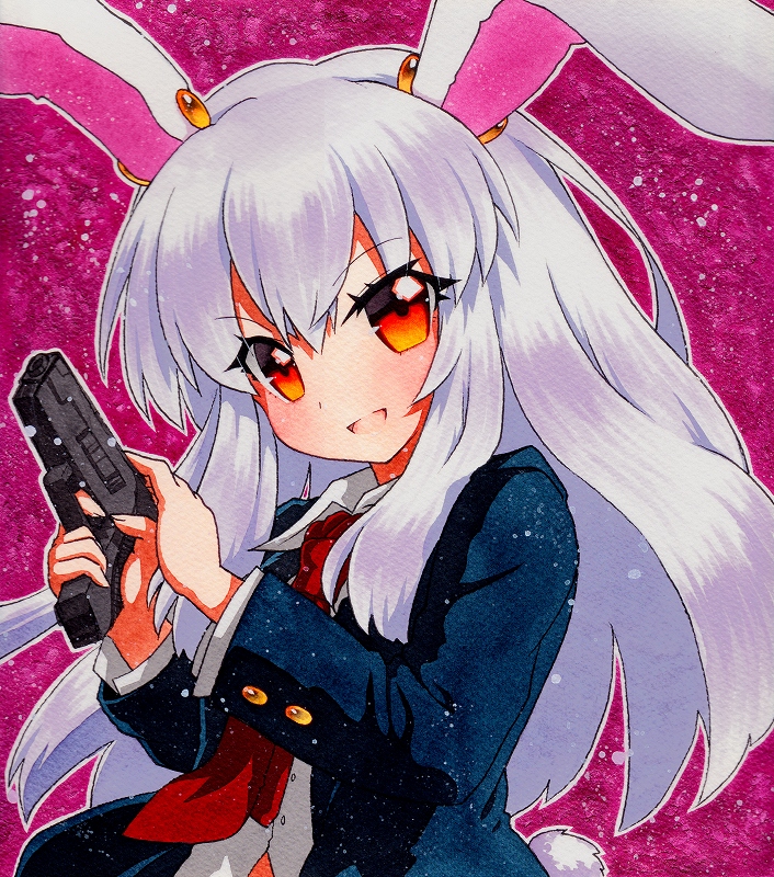 1girl animal_ears bangs blue_jacket blue_sleeves breasts buttons collar collared_shirt eyebrows_visible_through_hair eyes_visible_through_hair finger_on_trigger gun hair_between_eyes hands_up jacket long_hair long_sleeves looking_at_viewer medium_breasts multicolored multicolored_eyes necktie open_clothes open_jacket open_mouth orange_eyes pink_background purple_hair qqqrinkappp rabbit_ears rabbit_tail red_eyes red_neckwear reisen_udongein_inaba shikishi shirt simple_background smile solo tail touhou traditional_media weapon white_shirt white_sleeves wing_collar yellow_eyes