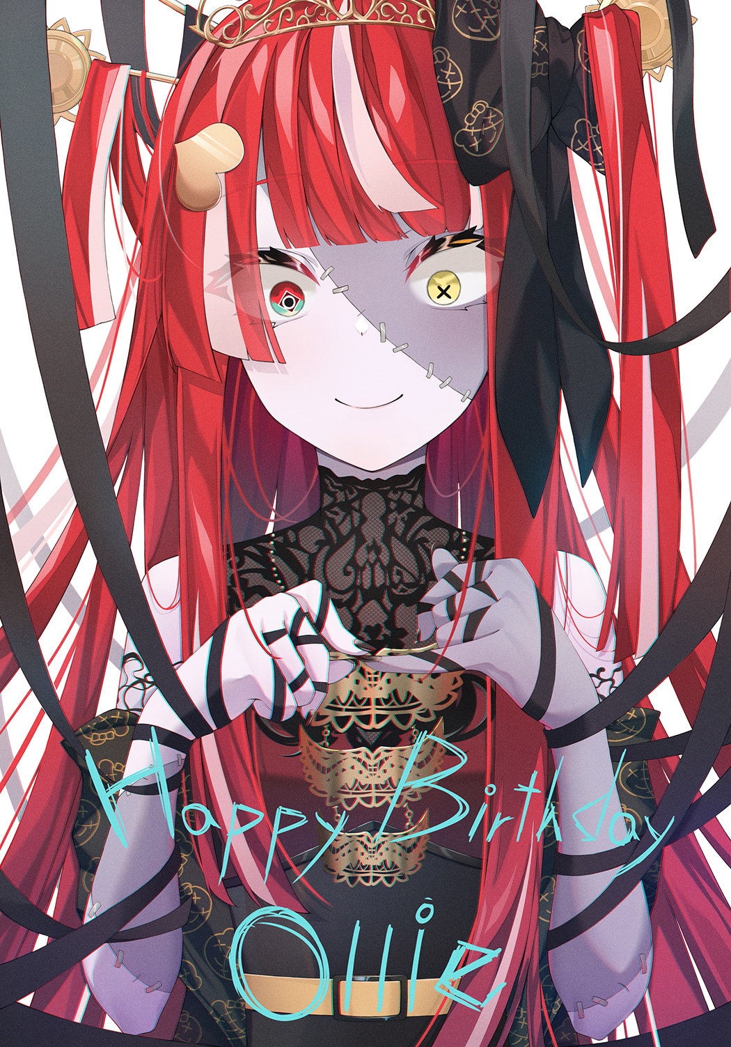1girl bangs black_bow black_nails black_ribbon bow closed_mouth commentary_request eyebrows_visible_through_hair eyes_visible_through_hair fingernails hair_bow hair_ornament hair_stick hands_up happy_birthday heart heart_hair_ornament heterochromia highres hololive hololive_indonesia infinity_(kkx132) kureiji_ollie long_hair multicolored_hair nail_polish patchwork_skin red_eyes redhead ribbon romaji_commentary silver_hair simple_background smile solo two-tone_hair upper_body virtual_youtuber white_background yellow_eyes
