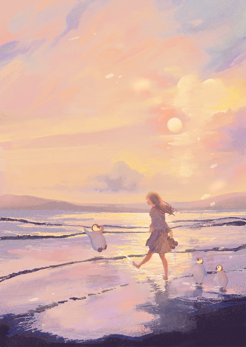 1girl bare_legs barefoot bird blue_sailor_collar blue_skirt brown_footwear brown_hair clouds commentary_request facing_away full_body happy highres holding holding_shoes jumping kicking long_sleeves looking_at_another medium_hair ocean original pastel_colors penguin pleated_skirt sailor_collar scenery school_uniform serafuku shirt shoes skirt sun sunset tabisumika waves white_shirt