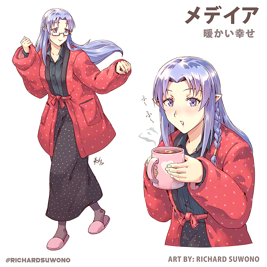 1girl alternate_costume bespectacled black_skirt blue_eyes blue_hair braid cup english_commentary fate/stay_night fate_(series) glasses holding holding_cup long_hair long_skirt medea_(fate) mug pointy_ears richard_suwono side_braid skirt slippers