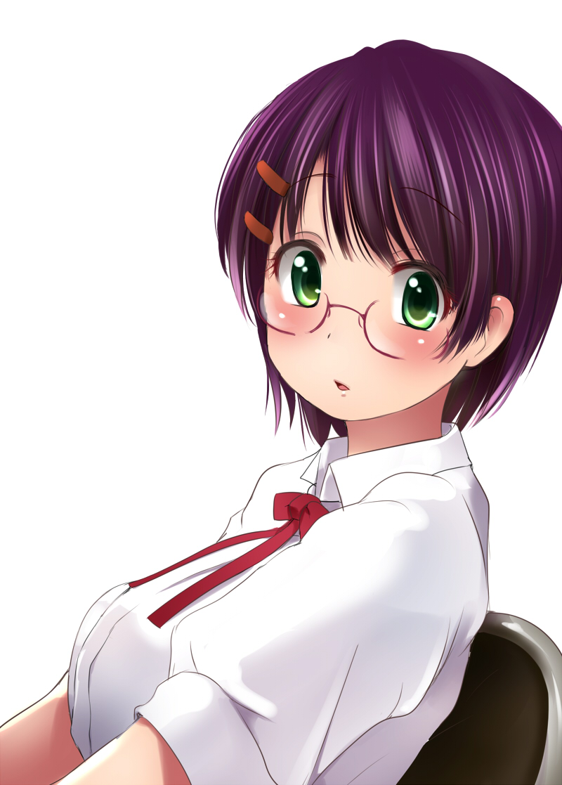 1girl copyright_request from_side glasses green_eyes hair_ornament hairclip kozue_akari looking_at_viewer looking_to_the_side neck_ribbon on_chair parted_lips puffy_short_sleeves puffy_sleeves purple_hair red-framed_eyewear red_neckwear red_ribbon ribbon school_uniform shirt short_hair short_sleeves simple_background sitting solo upper_body white_background white_shirt