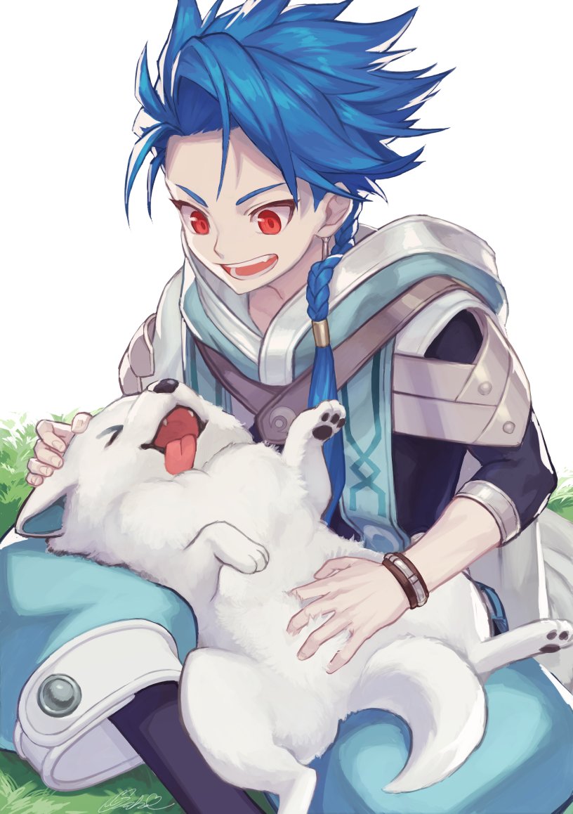 1boy 1other asymmetrical_bangs bangs blue_hair bodysuit bodysuit_under_clothes braid braided_ponytail child cu_chulainn_(fate) dog earrings fate/grand_order fate/grand_order_arcade fate_(series) hood hood_down jewelry long_hair male_focus open_mouth petting ponytail puffy_pants puppy red_eyes setanta_(fate) sitting smile spiky_hair usuke