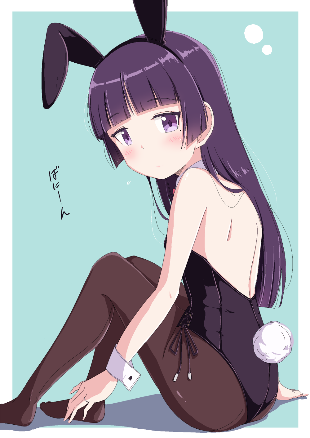 1girl animal_ears ass black_hair black_legwear black_leotard bow bowtie detached_collar from_behind gokou_ruri herunin highres leotard long_hair looking_at_viewer mole mole_under_eye ore_no_imouto_ga_konna_ni_kawaii_wake_ga_nai pantyhose playboy_bunny rabbit_ears rabbit_tail red_neckwear sitting solo strapless strapless_leotard tail violet_eyes wrist_cuffs